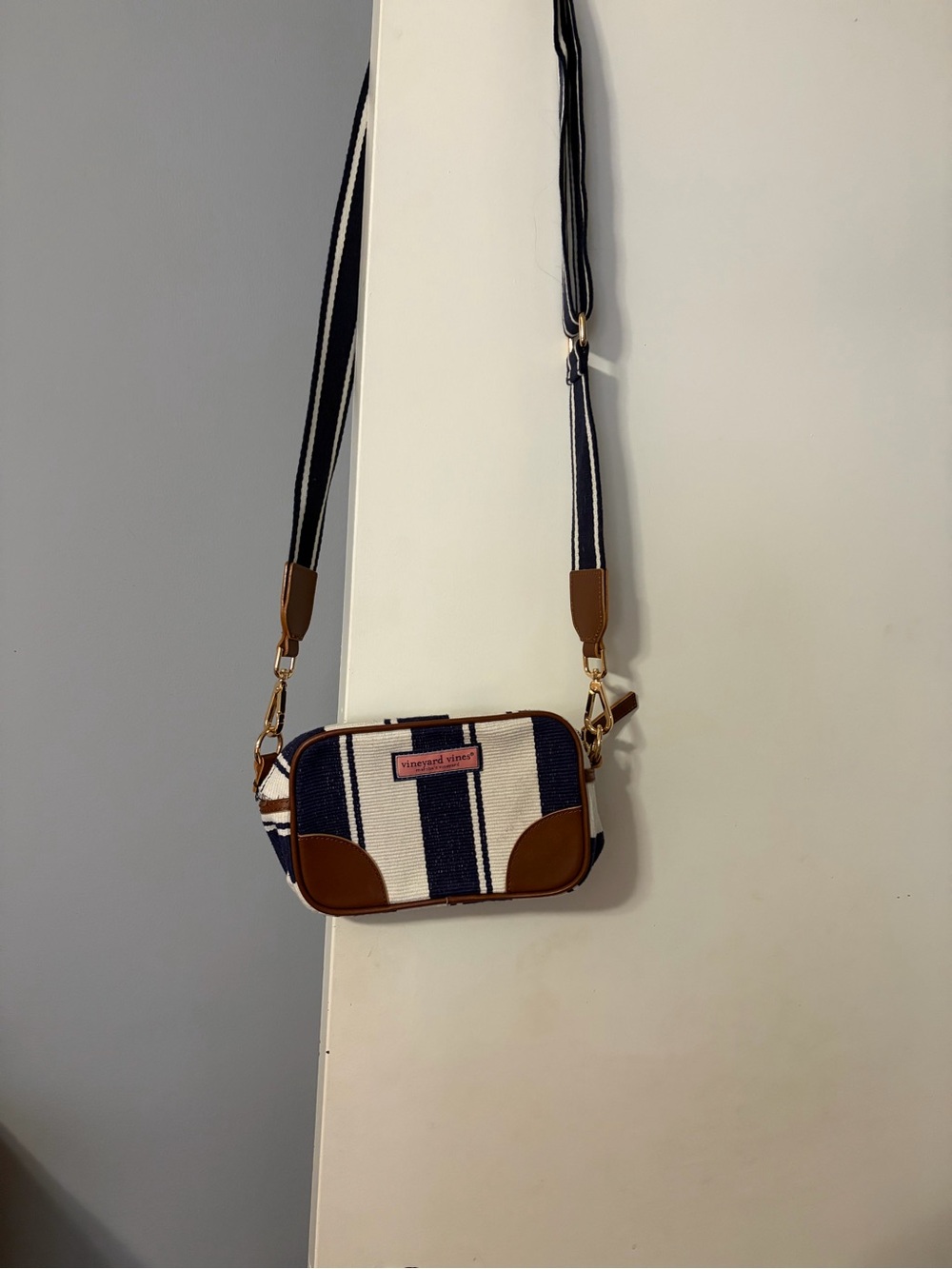Vineyard Vines Navy and White Striped Crossbody with Brown Trim